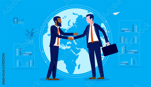 International business deal - Two men shaking hands in front of world map. Diversity, globalisation and collaborating concept. Vector illustration.