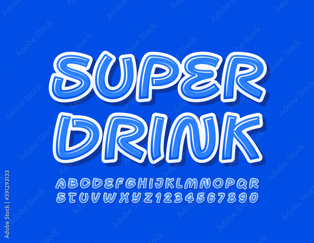 Vector blue logo Super Drink. Creative bright Font. Modern Alphabet Letters and Numbers set