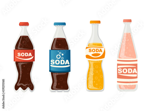 Soda bottles set with label glass bottles with different types of soda non alcohol drink flat vector illustration isolated on white background