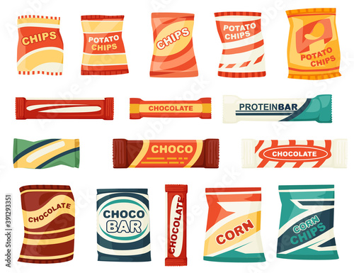 Snack product set for vending machine fast food chips and chocolate bars flat vector illustration isolated on white background
