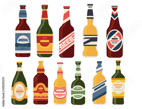 Beer bottles set with label glass bottles with different types of beer alcohol drink flat vector illustration isolated on white background