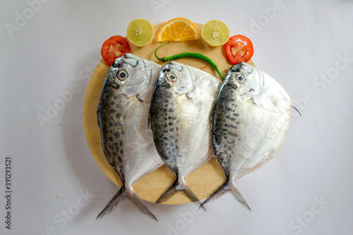 Fresh Razor moonfish/Razor Trevally Fish, Decorated with herbs and lemon slice on a wooden pad. photo