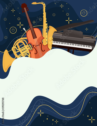 Classic musical instrument collection on night sky background flat vector illustration