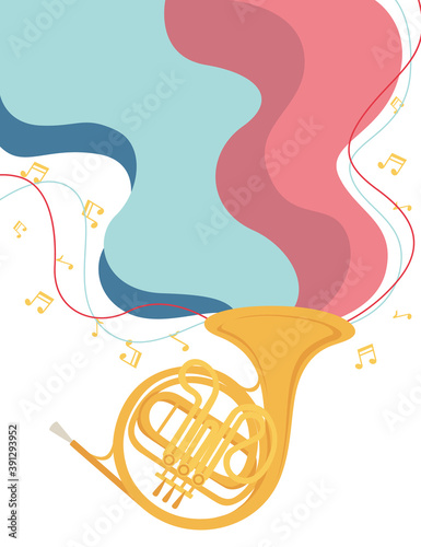 Classical French horn musical instrument with flowing musical notes flat vector illustration