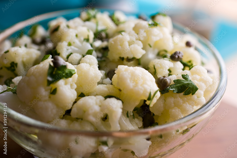 Close up of cauliflower salad with capers, parsley and vinegar Close up of cauliflower salad with capers, parsley and vinegar