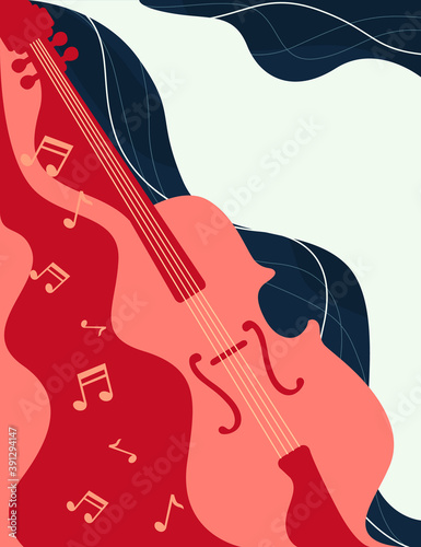 Classical wooden violin musical instrument and flowing sound with musical notes flat vector illustration