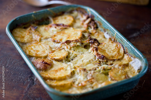 Close up of potatoes and leek gratin photo