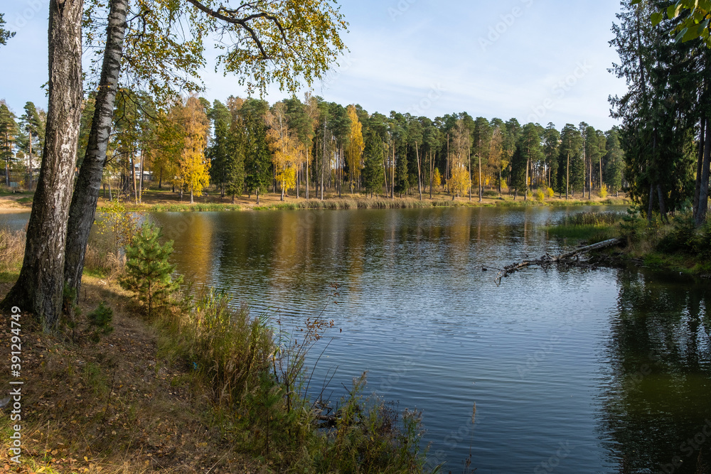 Autumn landscape with a pond in the city of Kokhma, Ivanovo region.