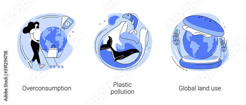 Global pollution problem abstract concept vector illustration set. Overconsumption and plastic pollution, global land use, globalization and food production, overpopulation problem abstract metaphor.