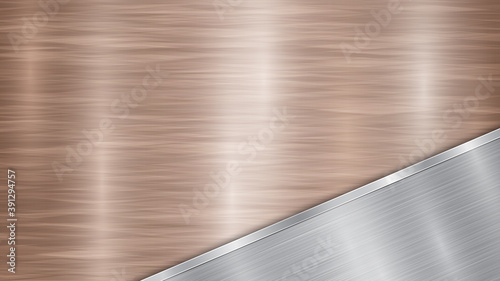 Background consisting of a bronze shiny metallic surface and one polished silver plate located in corner, with a metal texture, glares and burnished edge