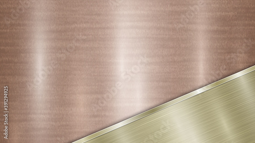 Background consisting of a bronze shiny metallic surface and one polished golden plate located in corner, with a metal texture, glares and burnished edge