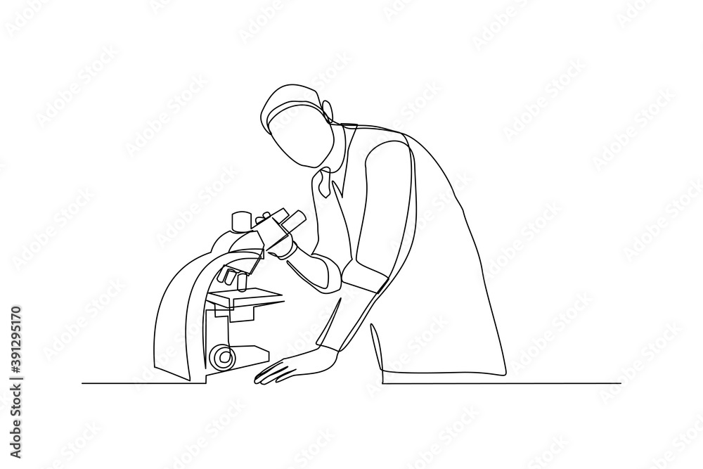 Continuous line drawing of male scientist analyze using microscope in laboratory. One line concept of science work space. Vector illustration