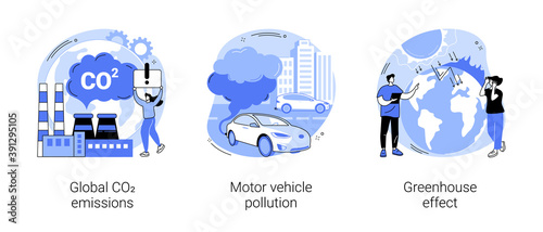 Air pollution abstract concept vector illustration set. Global CO2 emissions, motor vehicle pollution, greenhouse effect, car exhaust, transportation industry, ozone layer abstract metaphor.