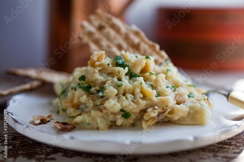 Close up of traditional brandade with bread on plate photo