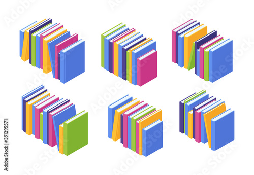 Book pile isometric. Vector illustration set of stacks of standing colorful paper textbooks with hard cover.