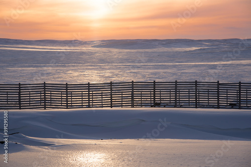 A long fence in the field enclosing the restricted area. Snow field at sunset
