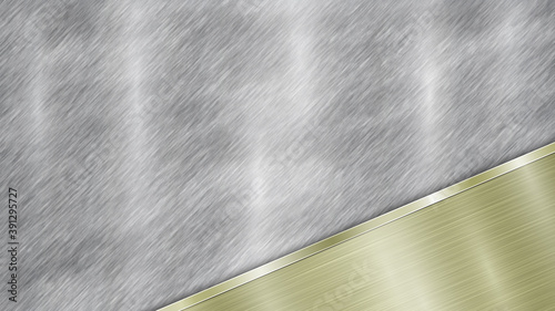 Background consisting of a silver shiny metallic surface and one polished golden plate located in corner, with a metal texture, glares and burnished edge