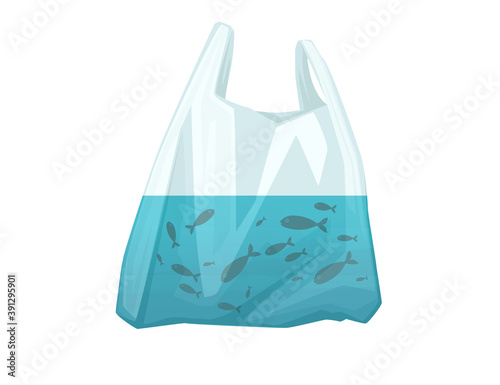 Fish in plastic bag abstract illustration pollution problem flat vector illustration on white background