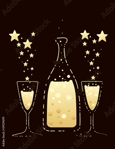 Two champagne flutes and bottle narrow glasses filled with champagne flat vector illustration on brown background