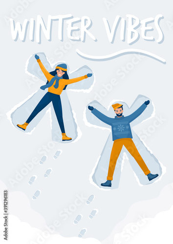 Happy couple makes snow angels, winter vibes. Man and a woman are lying on the ground. Vector flat poster