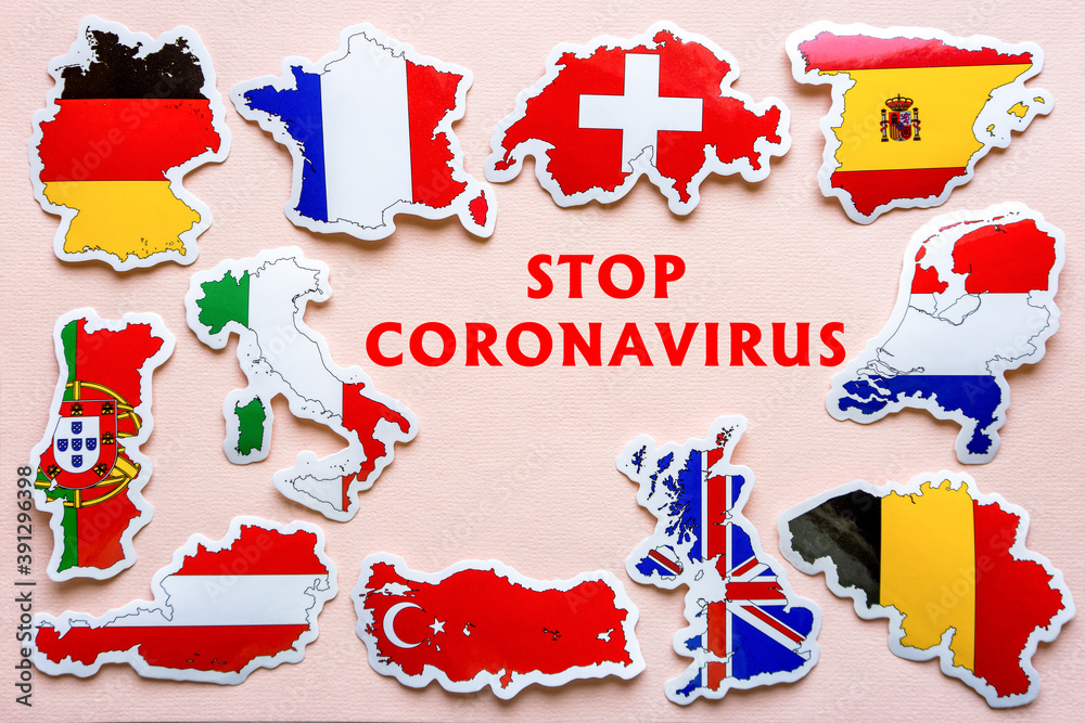 Obraz premium Stop coronavirus in Europe. Maps of Great Britain, France, Germany, Italy, Spain, Austria, Belgium, Switzerland, Netherlands, Portugal, Turkey with flags on light background. Covid-19 outbreak