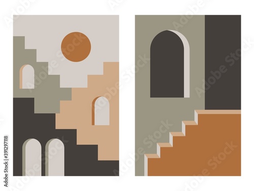 Abstract stairs posters. Mid century modern boho art print, wall decor social media stories contemporary style. Vector illustration