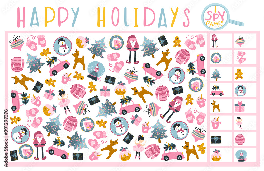 Christmas spy game. Find and write down how much. Board game for child development. Fun holidays. Vector hand-drawn cartoon illustrations in simple style. Pink palette