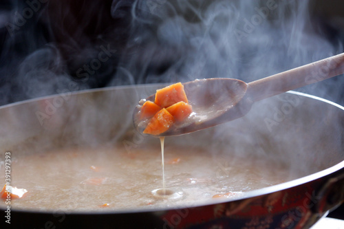 Close up of boiling soup