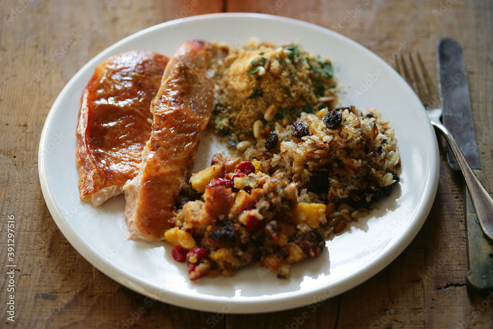Close up of meal with Thanksgiving turkey and side dishes Close up of meal with Thanksgiving turkey and side dishes