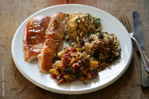 Close up of meal with Thanksgiving turkey and side dishes