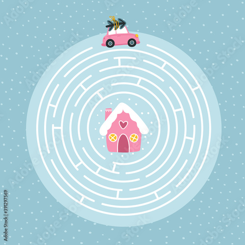Christmas educational round maze puzzle suitable for games, book printing, applications, education. Help the car get home. Cute hand drawn illustration