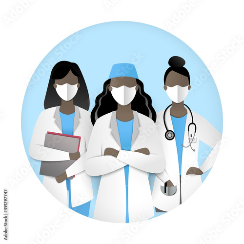 Frontal heroes, icon illustration of black female doctors in masks.