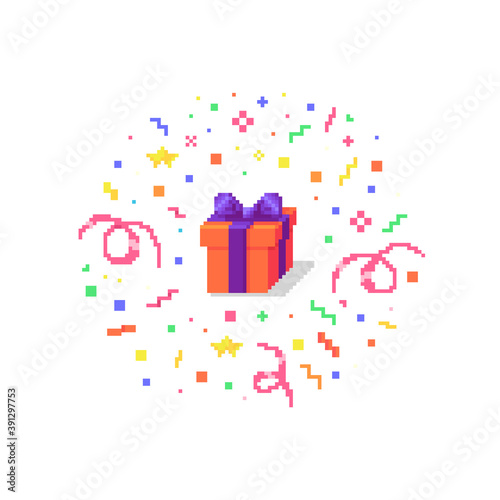 Pixel art gift box with confetti burst.