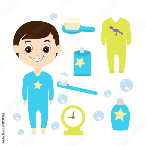 A set of a child in pajamas and items for hygiene, toothbrush, paste, soft comb, table clock, shampoo, bubbles. Vector illustration in flat cartoon style.