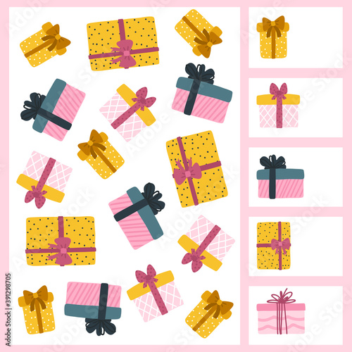 Christmas spy game. Find and write down how many different gift boxes. Board game for child development. Fun holidays. Vector hand-drawn cartoon illustrations in simple style.