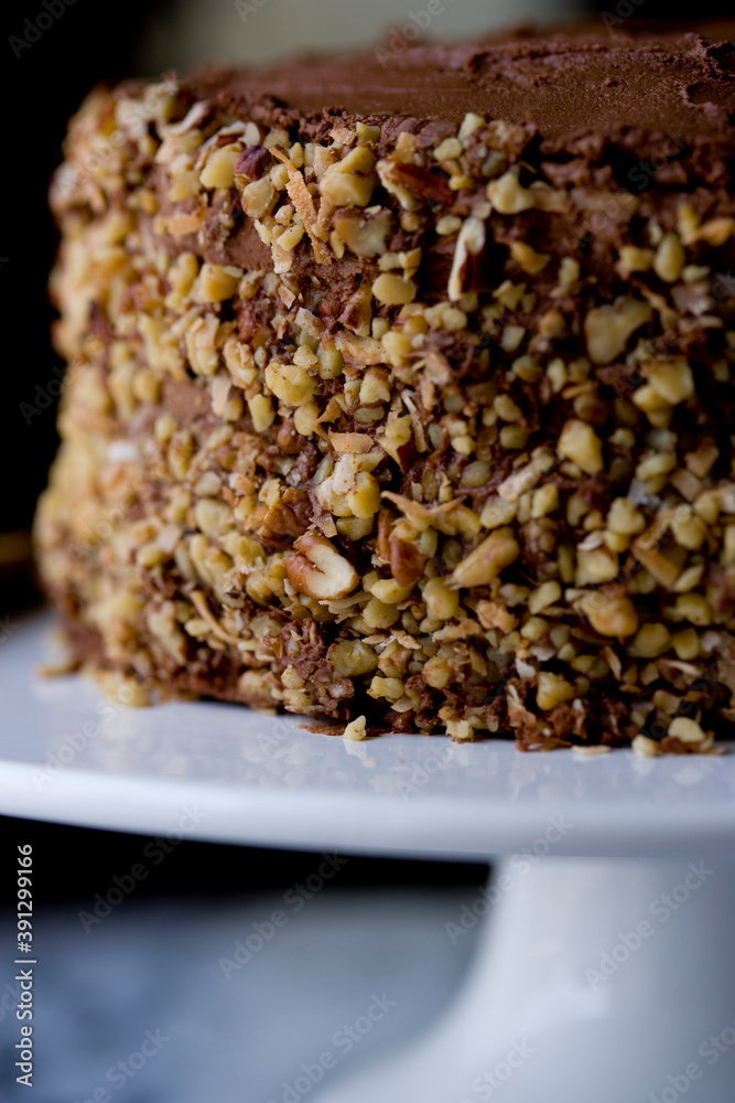 Chocolate layer cake on plate stand Chocolate layer cake on plate stand