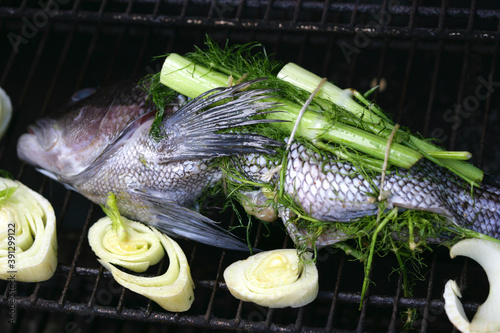 Close up of fish with fennel on grill photo