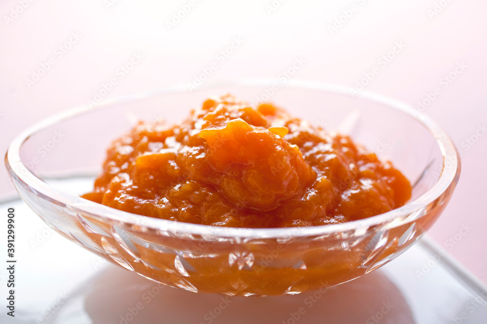 Apricot puree in small glass bowl Apricot puree in small glass bowl