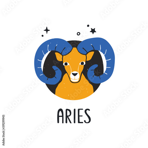 Aries zodiac sign. Bright astology icon with handwritten title isolatedon a white background. Vector shabby hand drawn illustration