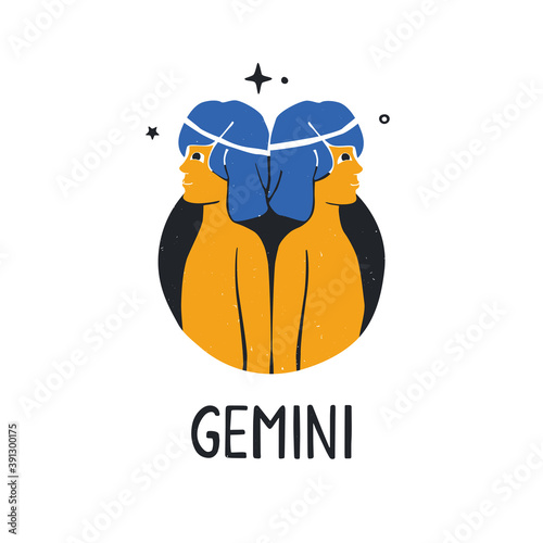 Gemini zodiac sign. Bright astology icon with handwritten title isolatedon a white background. Vector shabby hand drawn illustration