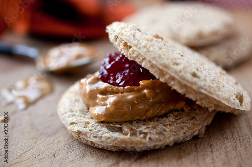 Crispbread with nut butter and jelly photo