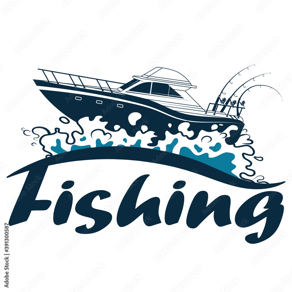 Fishing boat with rods and spinning on blue waves design Fishing boat with rods and spinning on blue waves design