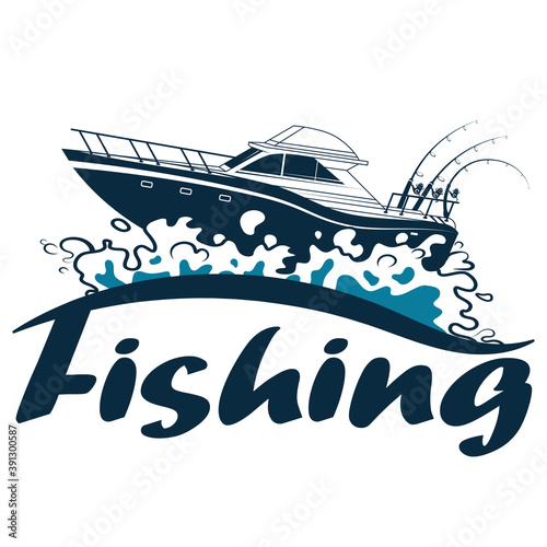 Fishing boat with rods and spinning on blue waves design
