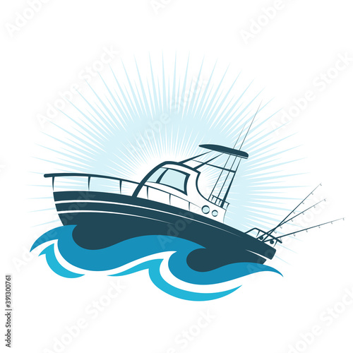 Motor boat with fishing rods and spinning on the wave symbol