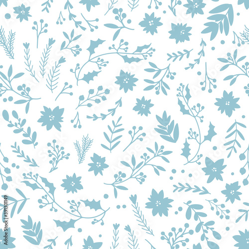 Christmas winter floral seamless pattern. Vector illustration in a childish hand-drawn Scandinavian style. The pastel palette is ideal for printing packaging, fabrics, textiles.