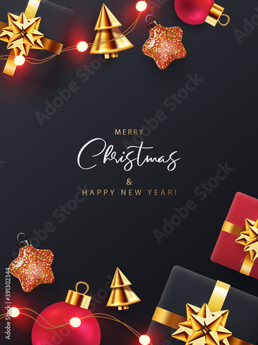 Christmas and New Year background, greeting card, Sale poster, holiday cover, web banner. Xmas modern design with 3d realistic golden black and red gifts, balls, garlands lights on black background