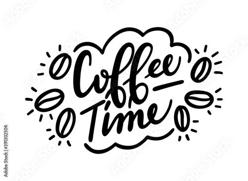 Coffee time logo calligraphic text. Handwritten lettering illustration. Brush calligraphy style. Black inscription isolated on white background