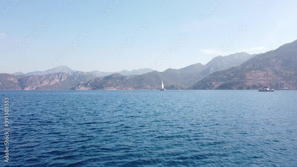 Aerial view of Selimiye bay in Marmaris province of Mugla city in Turkey. Selimiye is famous for its peaceful environment and yachting tourism. Aerial view of Selimiye bay in Marmaris province of Mugla city in Turkey. Selimiye is famous for its peaceful environment and yachting tourism.