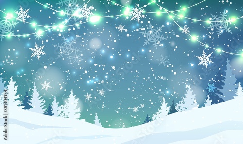 Blur background with snowflakes, trees, garlands, falling snow. Holiday winter landscape. Vector illustration.	
