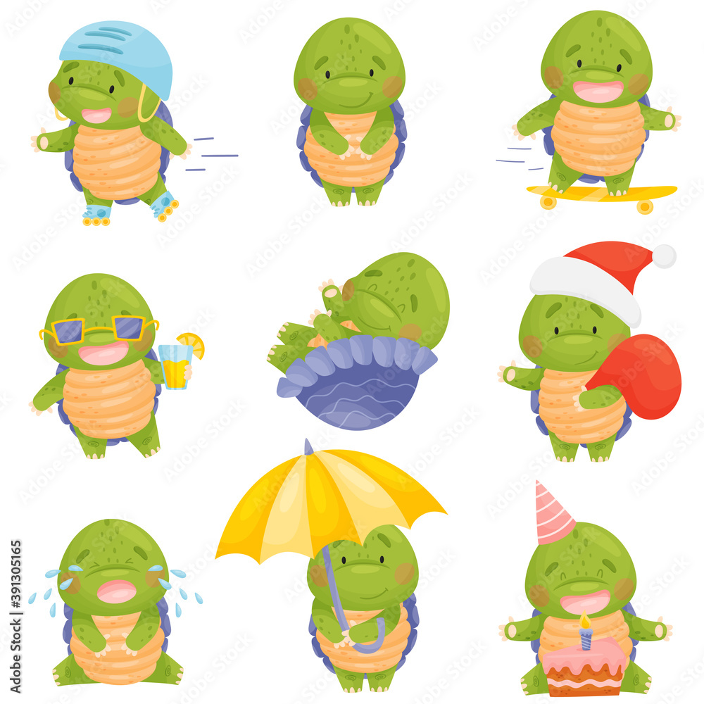Obraz premium Cute character set. Turtle in a Christmas cap with a bag of gifts, a cake, a cocktail, in a helmet, on rollers and a skateboard, under an umbrella. Isolated vector illustrations on white background